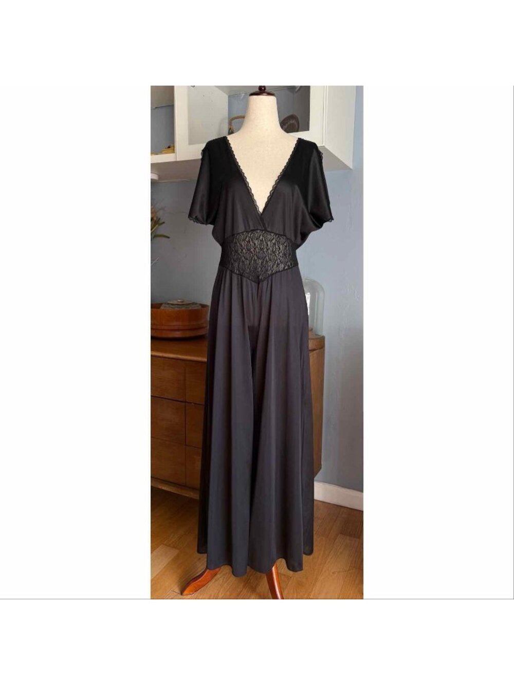 Vtg 70's Lady Cameo Jumpsuit Romper Lingerie Nightgown Black Lace Wide Leg M